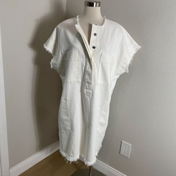 Everlane Womens XL Denim Workwear Shirt Dress Frayed Hem in Bone Organic Cotton - Picture 2 of 15